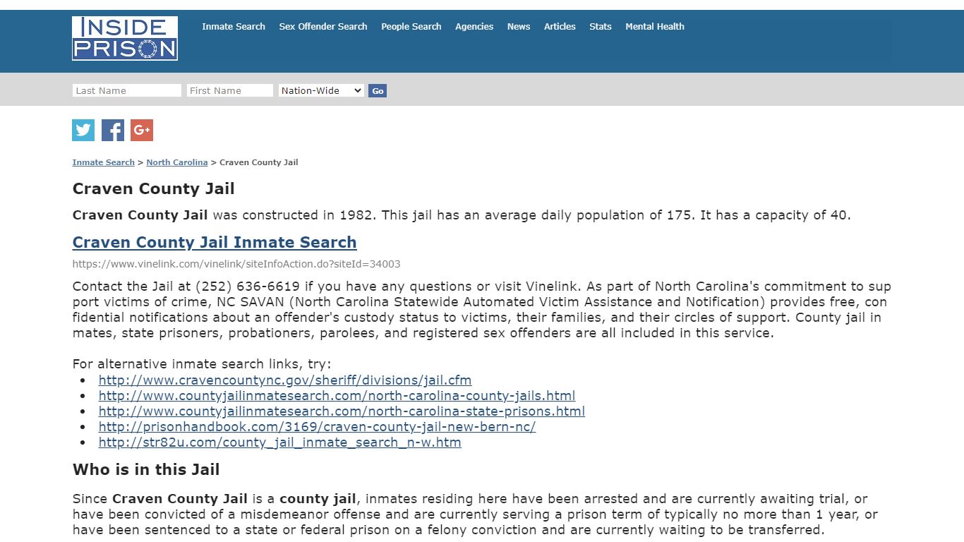 Craven County Jail - North Carolina - Inmate Search